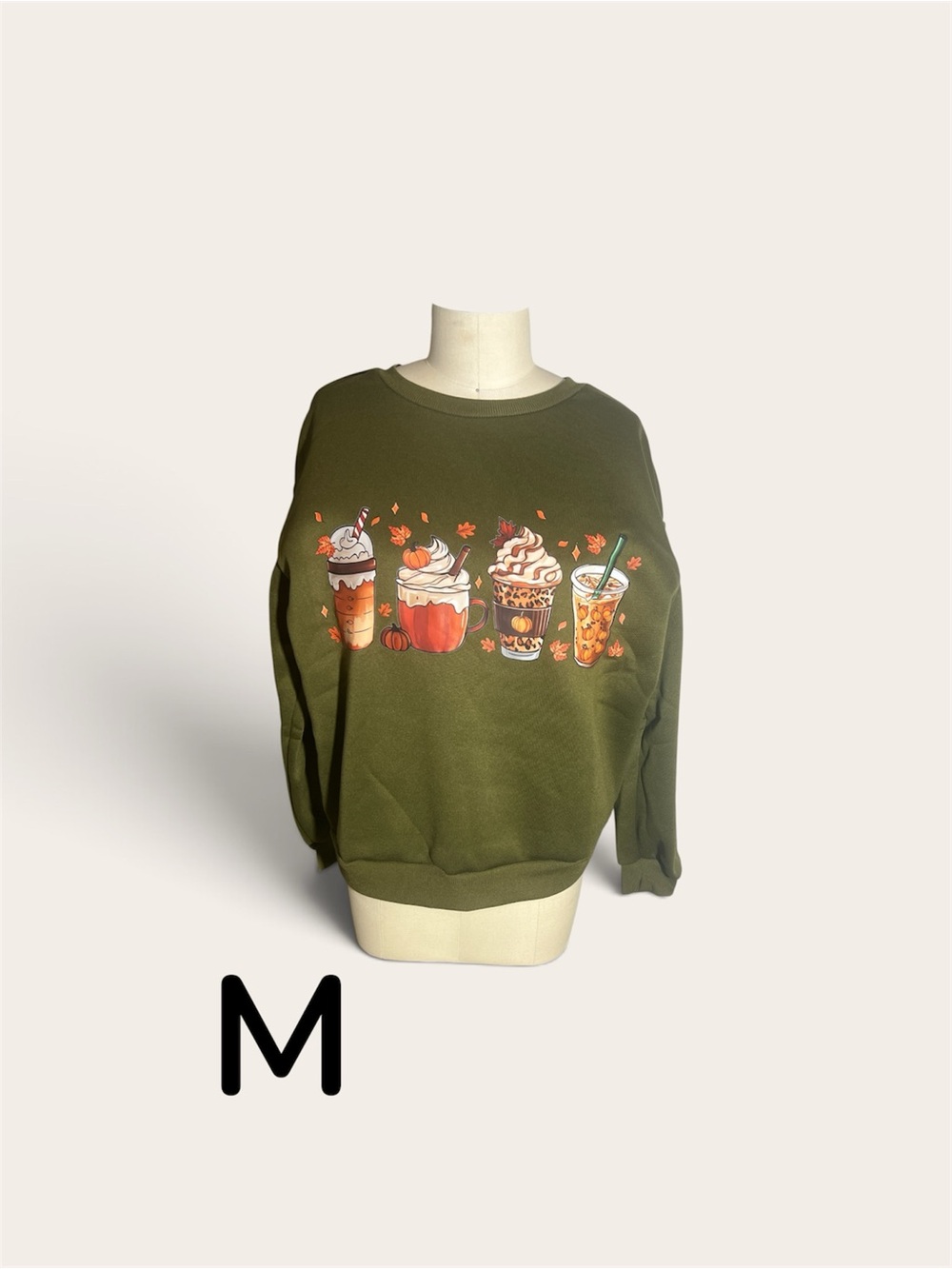 Women  Olive Green Pullover Sweatshirt with Autumn Beverage Graphic